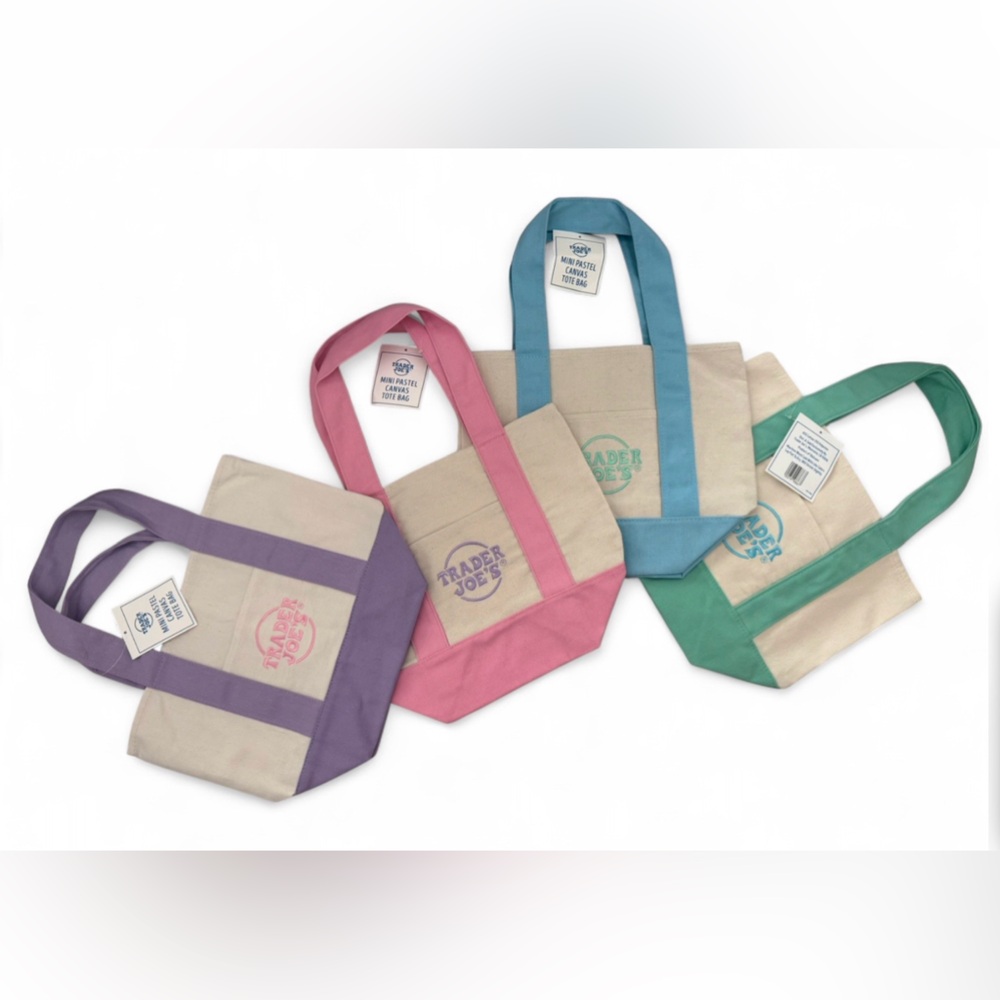 Trader Joe’s Mini Pastel Canvas Tote Bags in Pink, Purple, Blue, and Teal/Green
